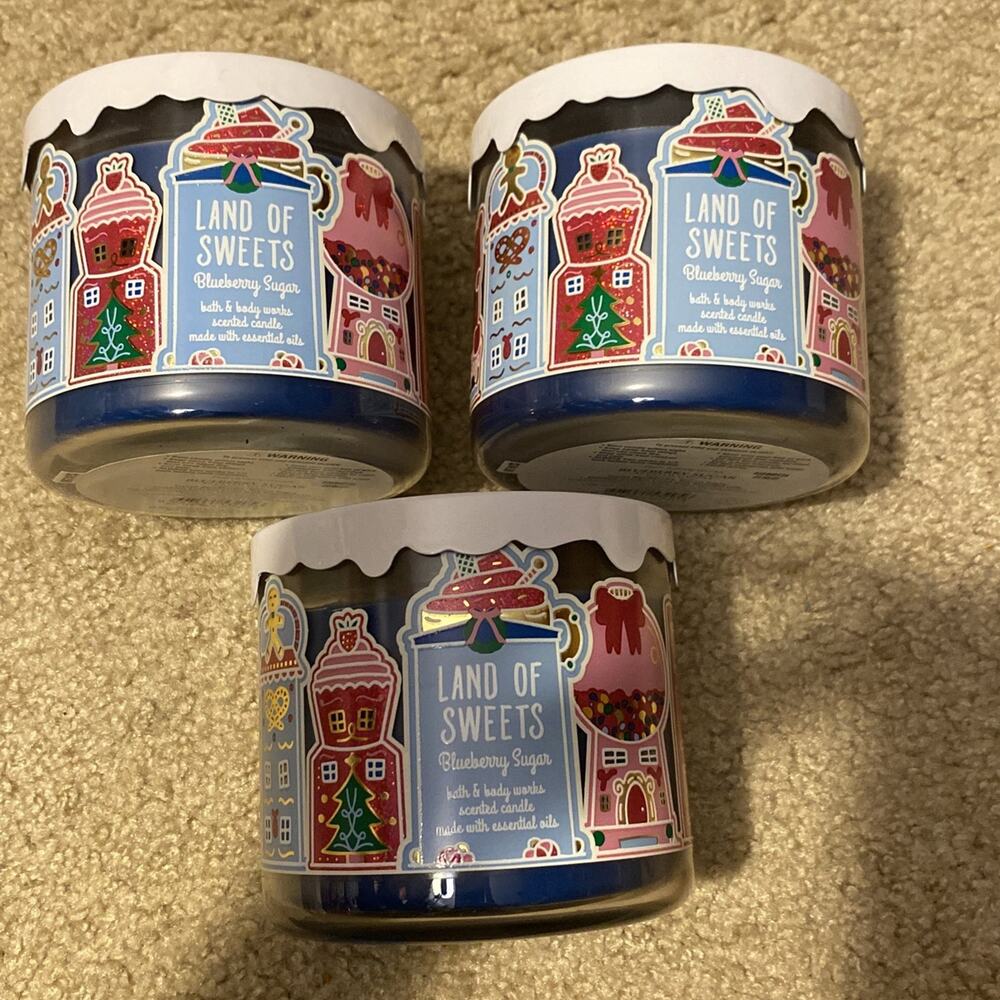 bath and body works land of sweets blueberry sugar‎ candles set of 3